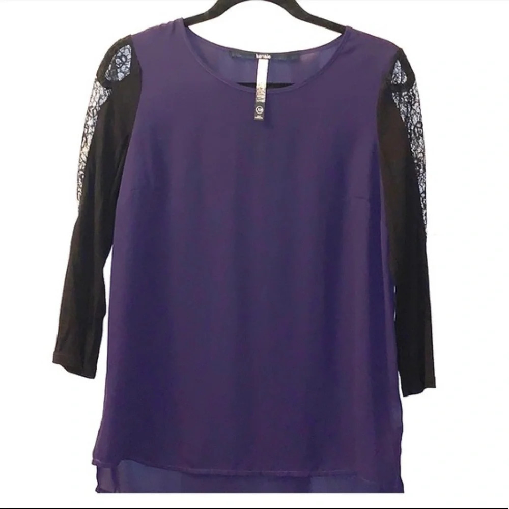 🛍️3/$40 Kensie Purple w/  Black Lace Tunic Top Size Small